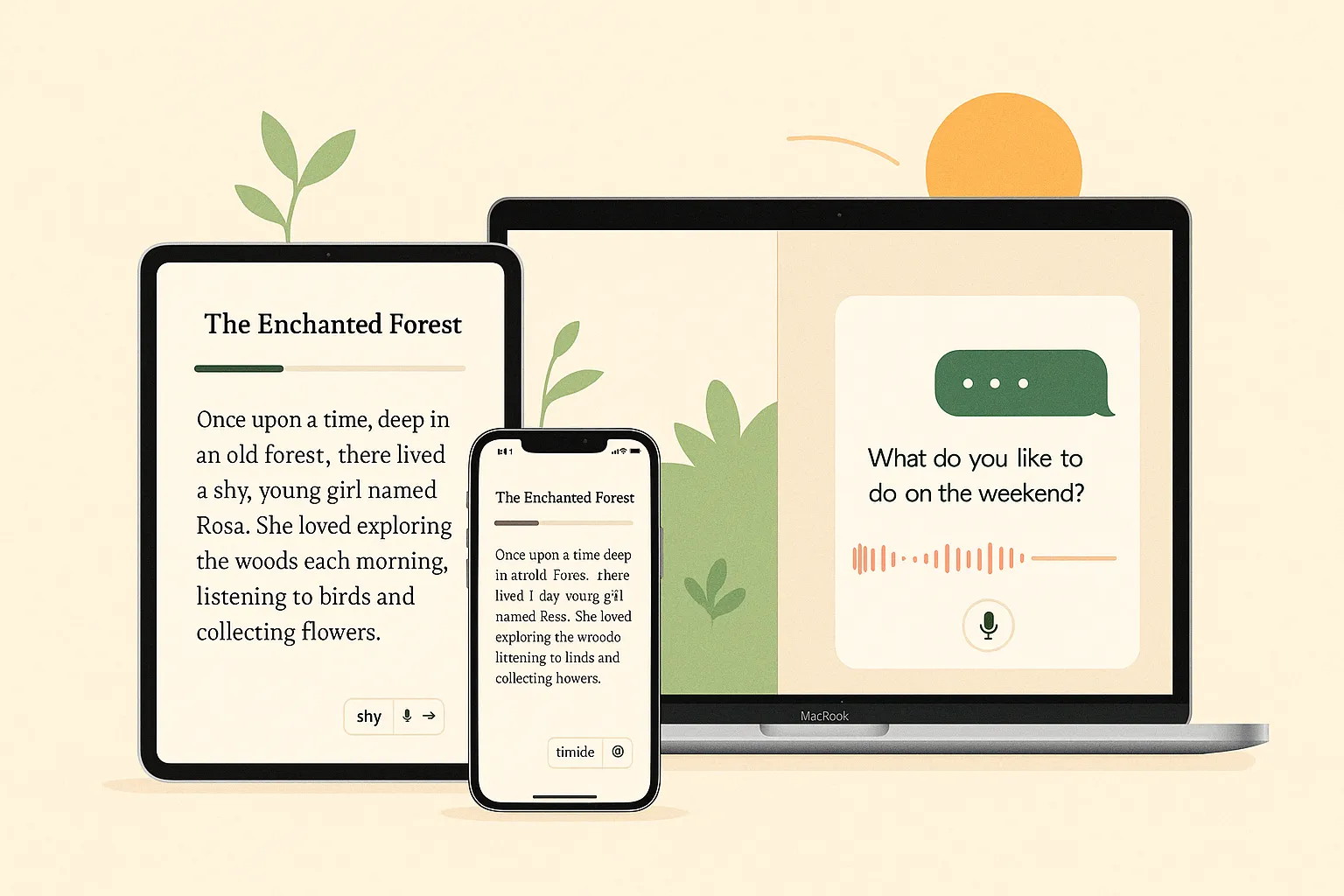 Split app mockup showing reading and speaking practice for language learning
